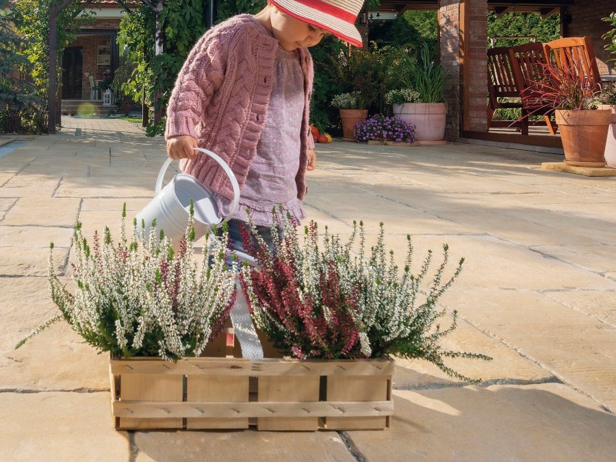 Punčka zaliva rožice, ki so na betonskih Bradstone ploščah