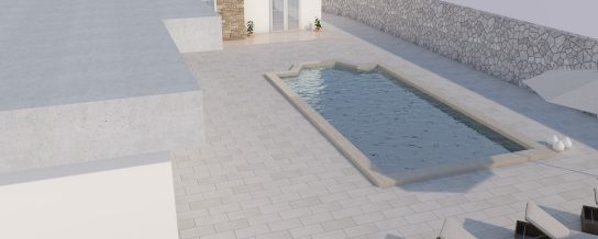 Semmelrock CAD vizualizacija ureditve zunanjega prostora z bazenom in svetlimi tlakovci.