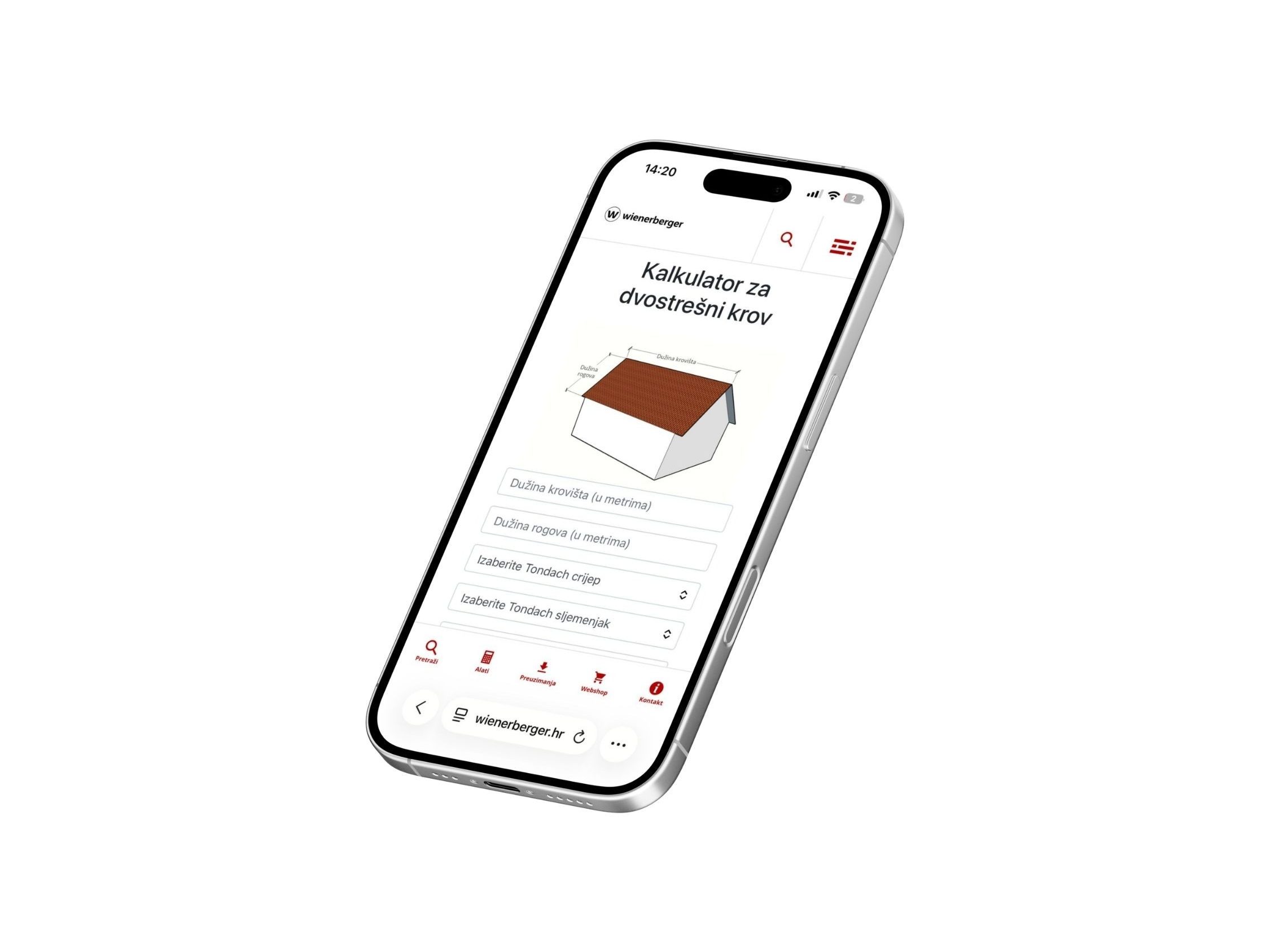 Tondach kalkulator za poševno streho na mobilnem telefonu – izračun količine strešnikov