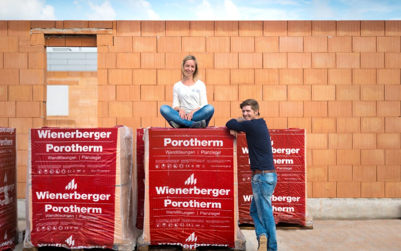 construction site shooting with porotherm bricks and builders family