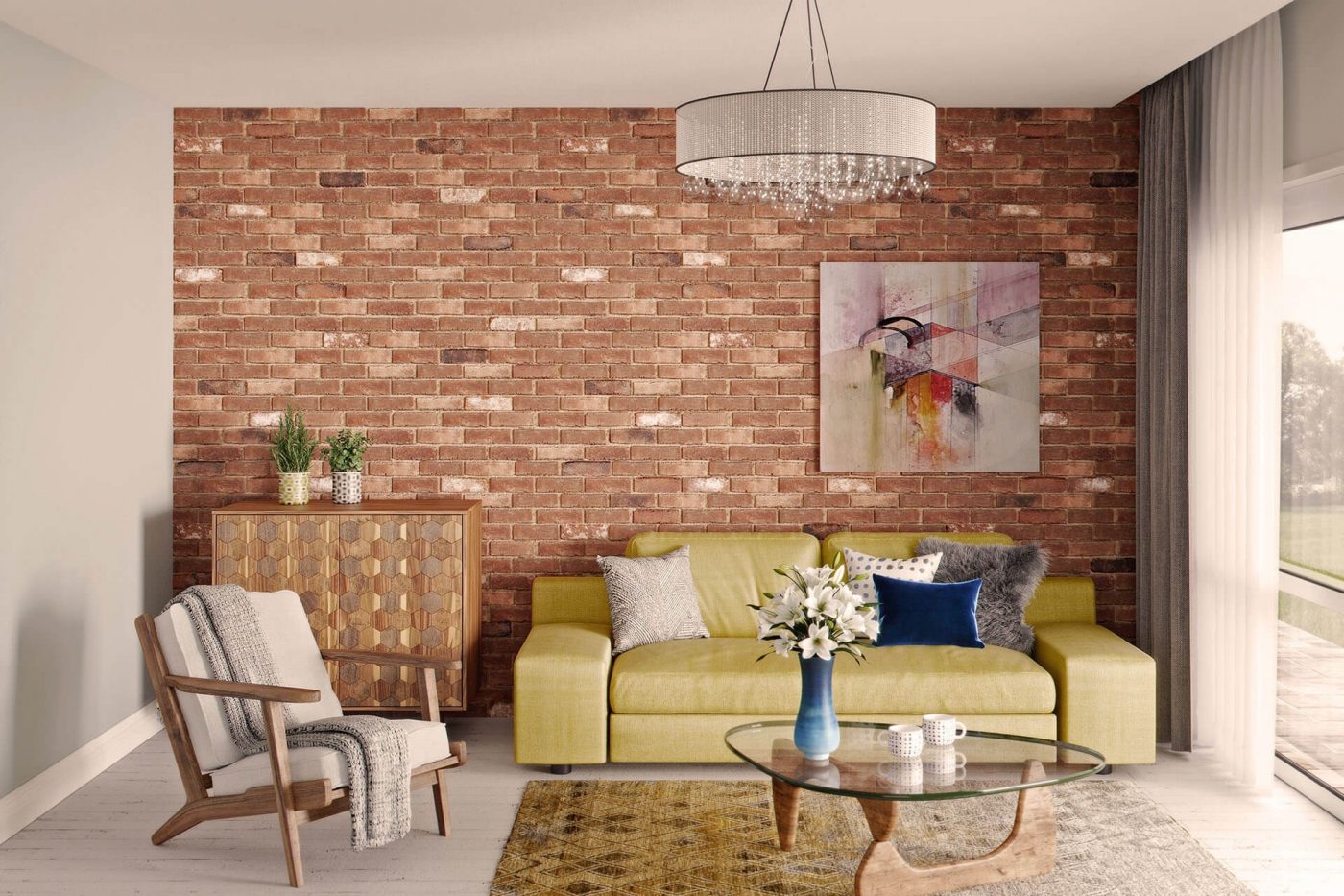 Whitby Red Brick Slips in a living room setting